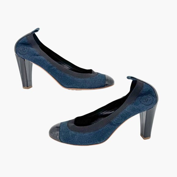 Chanel Elastic CC Logo Blue Denim Pumps High Heels Size 39 US 8-8.5 Women - Picture 9 of 16